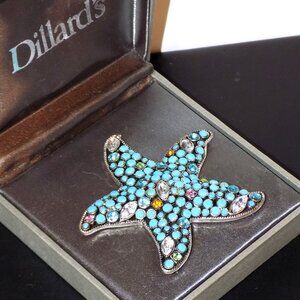 New Dillard's Starfish Statement Brooch  Openwork Turquoise Beads & Crystals
